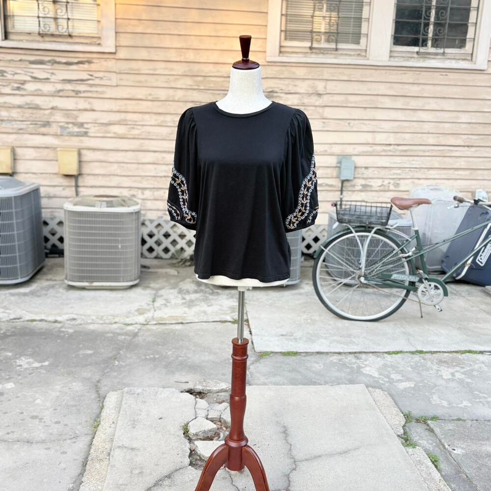 NWOT Black Embroidered Peasant Blouse
